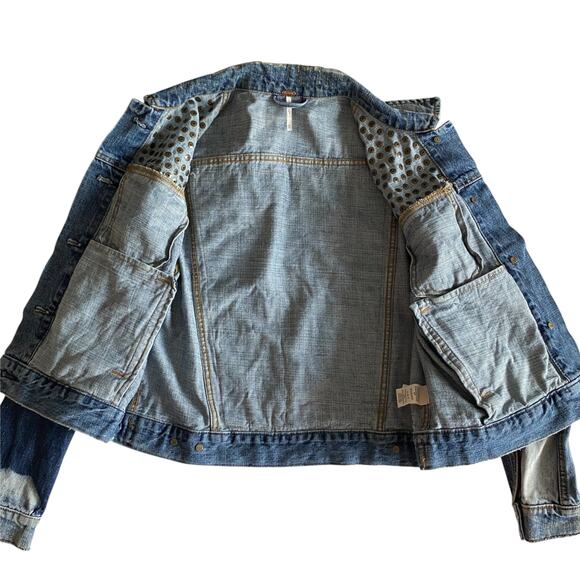 Free People : Brass-tone Studded Patchwork Distressed Boho Denim Jacket : XS - Picture 11 of 16